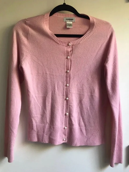 Y2K Baby Pink Cardigan soft girl coquette knit pearl button preppy sweater 2000s - Picture 2 of 5